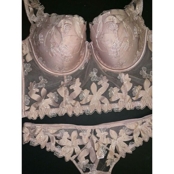 Victoria's Secret longline 36C BRA SET+BRALETTE+ROBE dusty pink taupe APPLIQUE - Picture 9 of 11